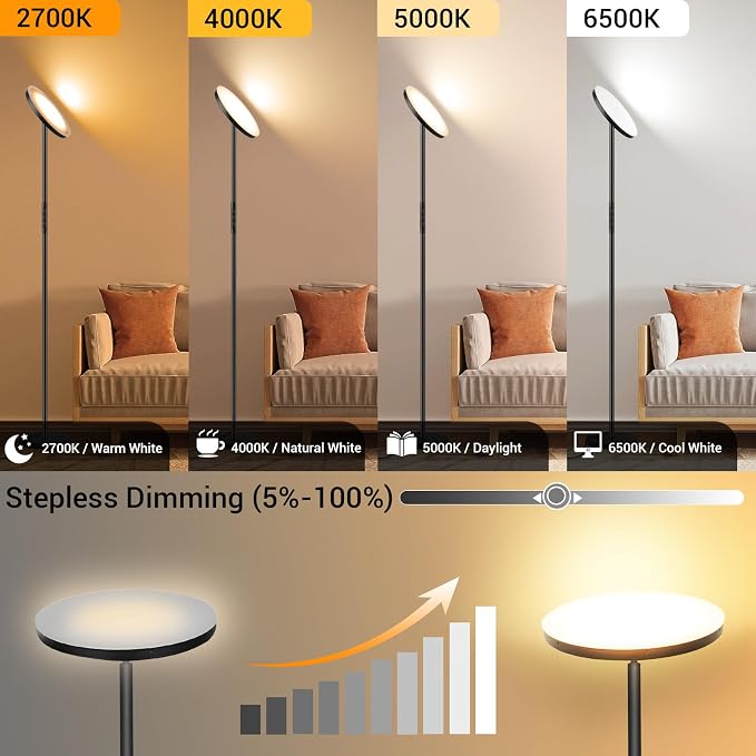 marctronic Upgraded Torchiere Floor Lamp,36W 3600LM Super Bright LED Floor Lamp for Living Room Bedroom Office, Dimmable Modern Standing Tall Lamp with Remote & Touch Control