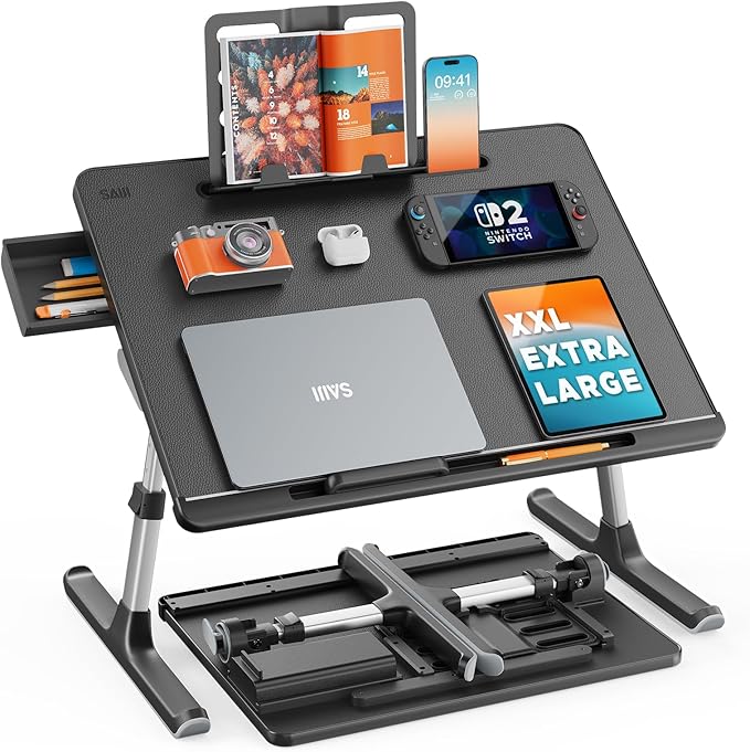 Laptop Bed Tray Desk, SAIJI X-Large Adjustable Laptop Table, Foldable Laptop Desk with Storage Drawer and Bookstand for Eating, Working, Writing, Gaming, Drawing (Black)