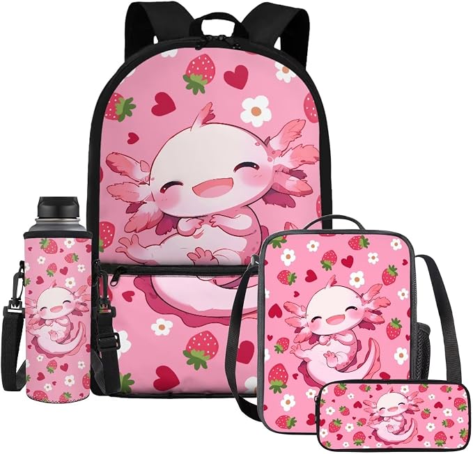 WELLFLYHOM Axolotl Girls Elementary Backpack with Lunch Box Pencil Pouch Water Bottle Sleeve Strawberry 4 Pcs Kids School Book Bag Daypack Set for School Sport Travel