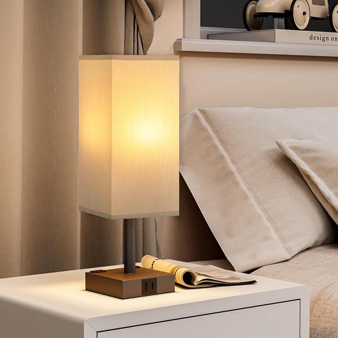 Touch Bedside Table Lamp For Nightstand - 3-Way Dimmable Night Lamp with USB A + Type C Charging Ports and two AC Outlets, Small Desk Light with E26 LED Bulb for Bedroom Living Room Office, Grey Black