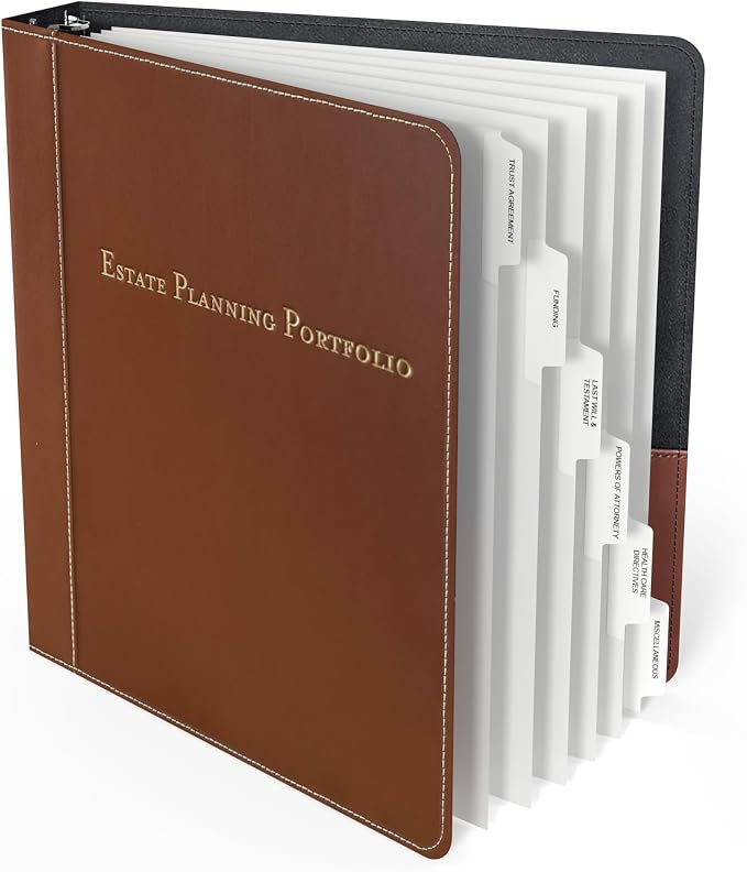 Estate Planning Leather Organizer Binder – Genuine Leather Estate Planning Portfolio, 3 Ring Round Ring Trust Binder with Tabs & Folder for Wills, Insurance & Legal Documents – Brown Leather