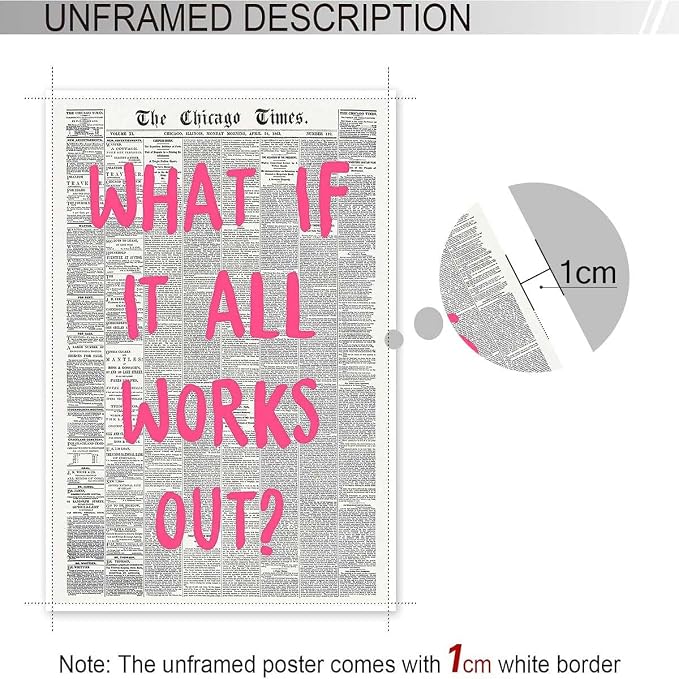 Drimiler What If It All Works Out Poster Retro Newspaper Pink Font Canvas Wall Art Positive Affirming Quote Minimalist Prints Painting For Home Bedroom Dorm Wall Decor 8x12in Unframed