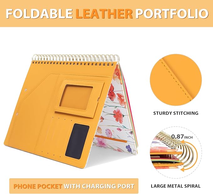 Ospelelf Clipboard with Storage for Women, Leather Padfolio Portfolio Organizer 5 Folders with 10 Pockets, Spiral Clipboard Folio with Notepad for Letter Size, Elastic Closure and Pen Loop Flowers