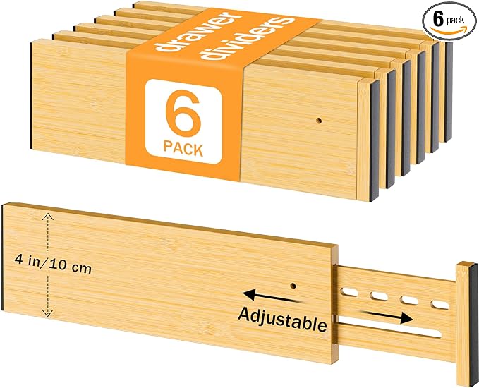 Bamboo Drawer Dividers, 4" High Drawer Organizers for Clothes/Utensils | 12.8-18" Expandable Wooden Drawer Separators for Dresser, Kitchen, Bathroom, Nursery, Office Organization & Storage, 6 Pack