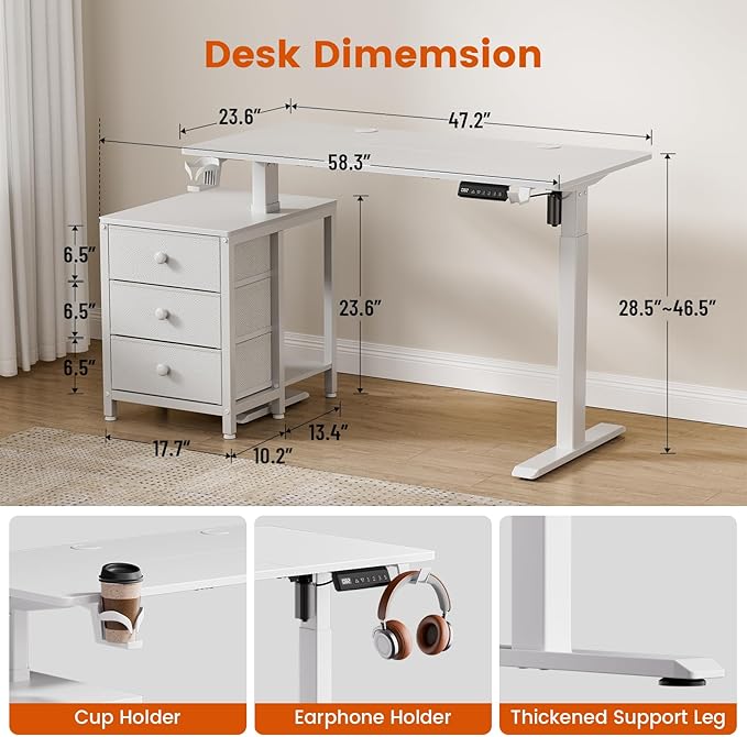 REAHOME 47 Inch White Electric Height Adjustable Standing Desk with Drawers | Dual Motor Sit-Stand Frame With 3 Memory Presets, Printer Cabinet, Hooks & Cable Management For Home Office Gaming Desk