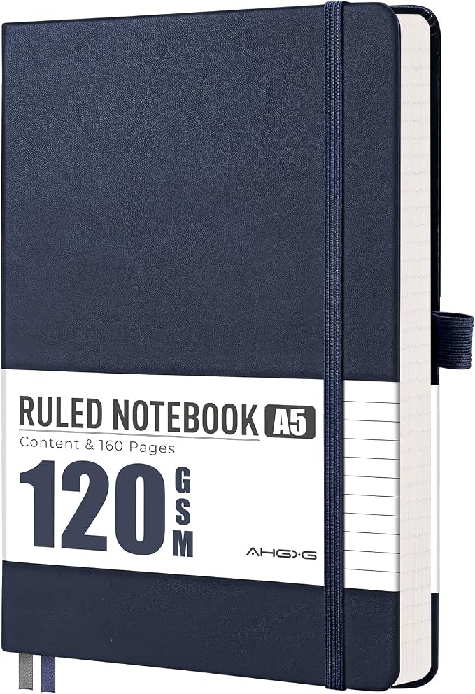 AHGXG Lined Journal Notebook, 160 Numbered Pages, A5 Medium Size (5.7'' x 8.3''), 120 GSM Thick Paper, for Men & Women, Journaling, Writing, Work & Office, Leather Hardcove (Blue)