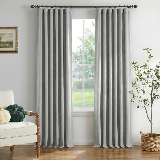 INOVADAY 100% Blackout Curtains for Bedroom, Dove Grey Black Out Curtains 90 Inch Long, Clip Rings Linen Blackout Drapes, Thermal Insulated Room Darkening for Living Room, 2 Panels - W50xL90