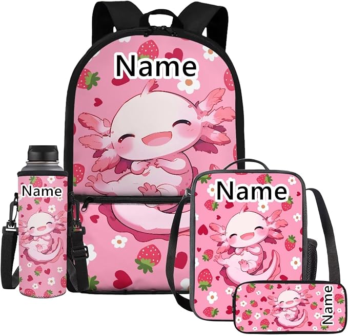 WELLFLYHOM Custom Axolotl Girls Elementary Backpack with Lunch Box Pencil Pouch Water Bottle Sleeve Strawberry 4 Pcs Kids School Book Bag Daypack Set for School Sport Travel