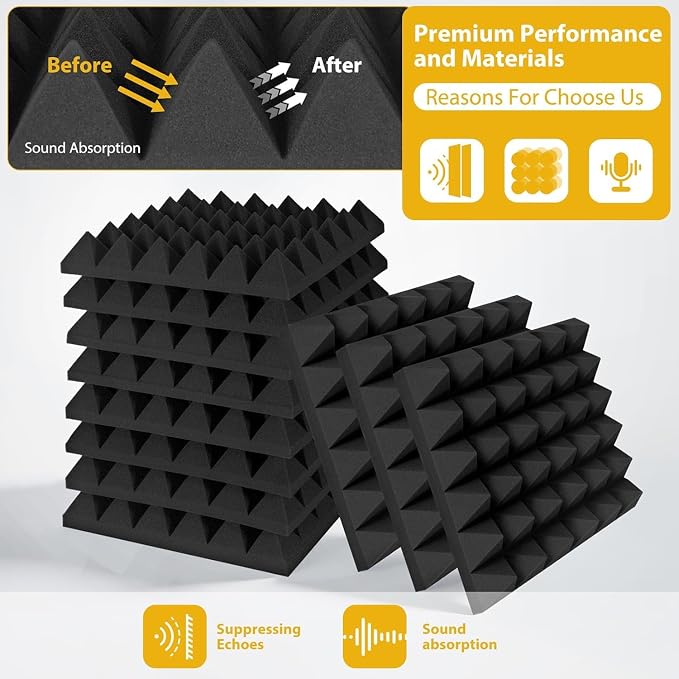 56 Pack Acoustic Foam Panels, 2" x 12" x 12" Sound Proof Foam Panles Pyramid-shaped, Soundproofing Noise Absorbing Pyramid Black Panels for Wall Studio Foams