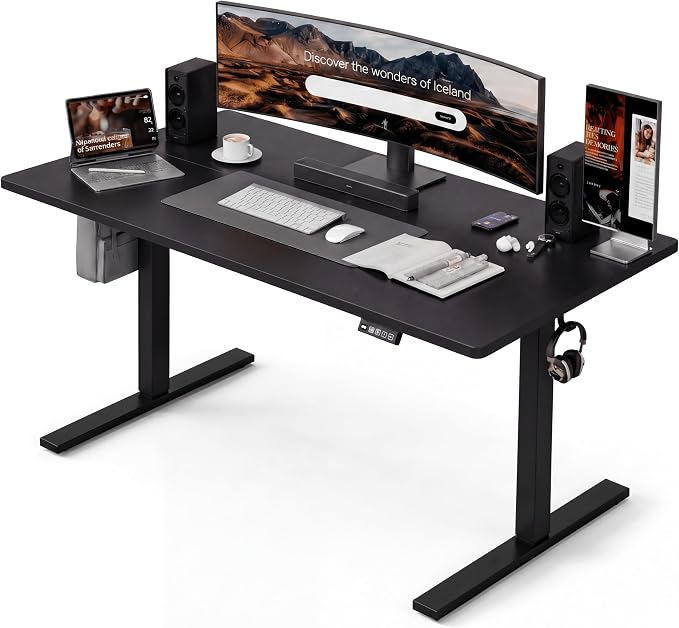 Grandder 63x32 Large Electric Standing Desk, Height Adjustable Computer Desk with 2 Memory Presets, 31.5" Deep Desktop Sit Stand Desk Home Office Desk Workstation Table with Hooks, Black