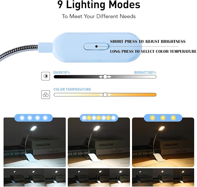 VAVOFO Rechargeable Book Light for Reading in Bed Kids, 7 LED Reading Light with 9-Level Warm Cool White Daylight, Eye Care Lamp with Power Indicator for Bookworms (Light Blue)