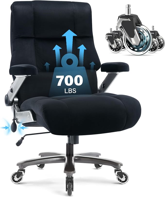 Big and Tall Office Chair 700lbs, Fabric Heavy Duty Executive Desk Chair | 3D Flip Arms, Extra Wide, Upgraded Wheels, Adjustable Lumbar Support, Metal Base, Large Ultra-Soft Ergonomic Computer Chairs