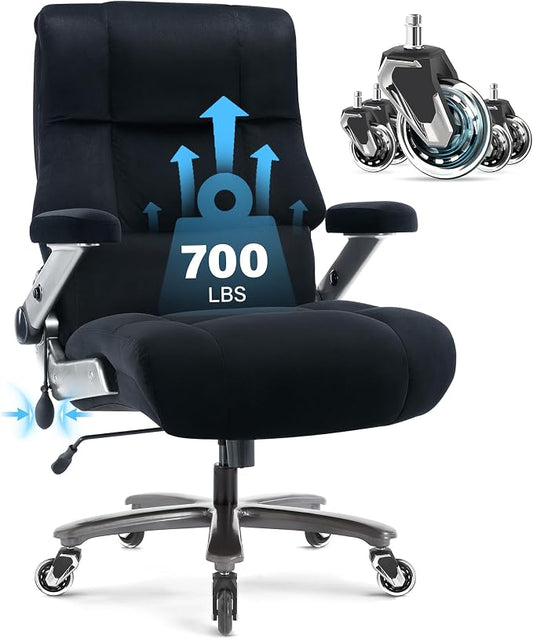 Big and Tall Office Chair 700lbs, Fabric Heavy Duty Executive Desk Chair | 3D Flip Arms, Extra Wide, Upgraded Wheels, Adjustable Lumbar Support, Metal Base, Large Ultra-Soft Ergonomic Computer Chairs