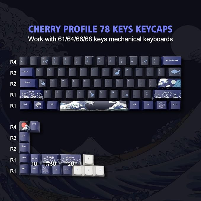 XVX PBT Keycaps - Great Wave of Kanagawa Japanese Design, Dye-Sub Custom Keycaps Set, Cherry Profile for 61/64/66/68 Cherry/Gateron MX Switches, 78 Key Set