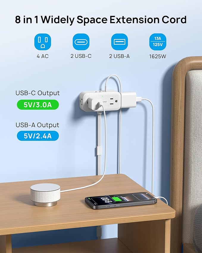 TROND 360° Rotating Flat Plug Short Extension Cord 1.5FT - Low Profile Power Strip Mountable, 4 AC 4 USB, 900J, 13A/1625W, Compact for Tight Spaces Hard Reach Outlet in Bedroom Home Office Dorm, White