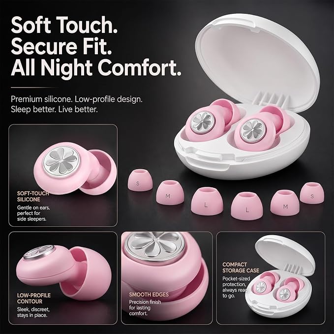 45dB Ear Plugs for Sleeping, Soft Silicone for Side Sleepers, 4 Sizes | Reusable soft silicone with XS/S/M/L sizes for side sleepers, concerts, flights and hotels; carrying case included.