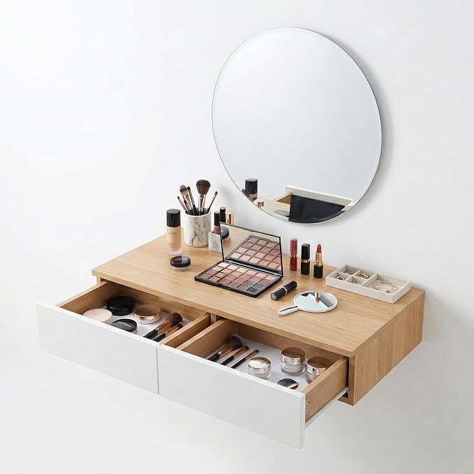 Wall Mounted Floating Vanity Desk with 2 Storage Drawers Modern MDF Makeup Table – 39.4 x 15.7 x 5.9 in (100 x 40 x 15 cm), Space-Saving Dressing Table for Bedroom or Small Spaces (Natural Wood)
