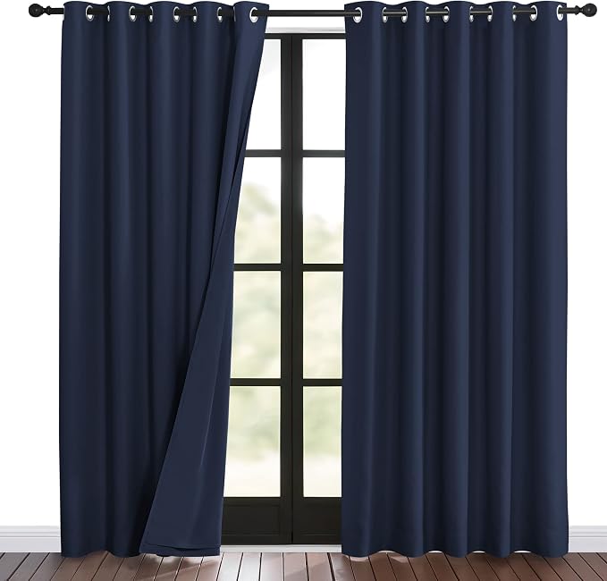 NICETOWN Sound Blocking Black Out Curtains for Patio Door, Heavy-Duty Space Divider Curtains for Living Room, Lined Insert Noise, Blackout, Thermal Insulation Drapes for Closet (Navy, 84-inch Long)