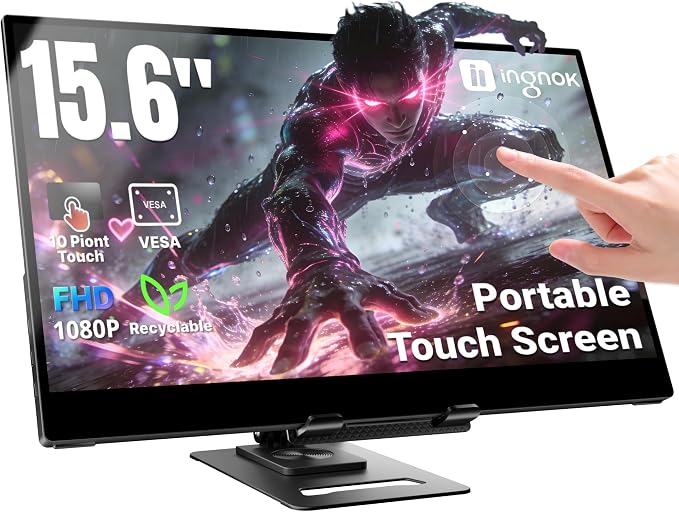 Ingnok Portable Monitor,15.6 inch 10 Point Touchscreen, FHD 1080P Laptop Screen Extender,Multi-Touch Gestures for Laptop,Mac, DC Dimming EyeCare, Adjustable Stand,USB C HDMI | FHD 1080P,USB C mini HDMI for Laptop,Mac,mini PC,Built in Speakers,with Adju...
