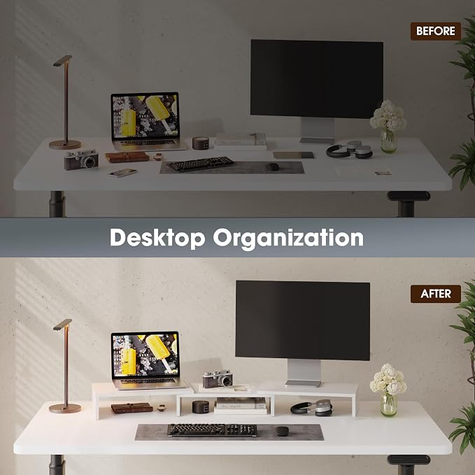FITUEYES Dual Monitor Stand Riser, Adjustable Length and Angle, White | Wooden 3-Shelf Design, Supports up to 55lbs, Flexible for Standard Corner Space, Holds Monitor, Laptop, Phone, Printer