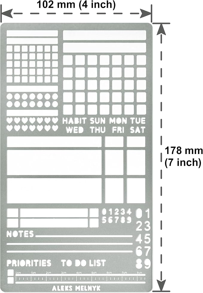 Aleks Melnyk No.486 Metal Stencils for Bullet Journaling, Bookmark, Planning, Lines, Planner, Habit Tracker, Dot Journals Stencil for Diary, Templates, Tiny Letters, Small Number