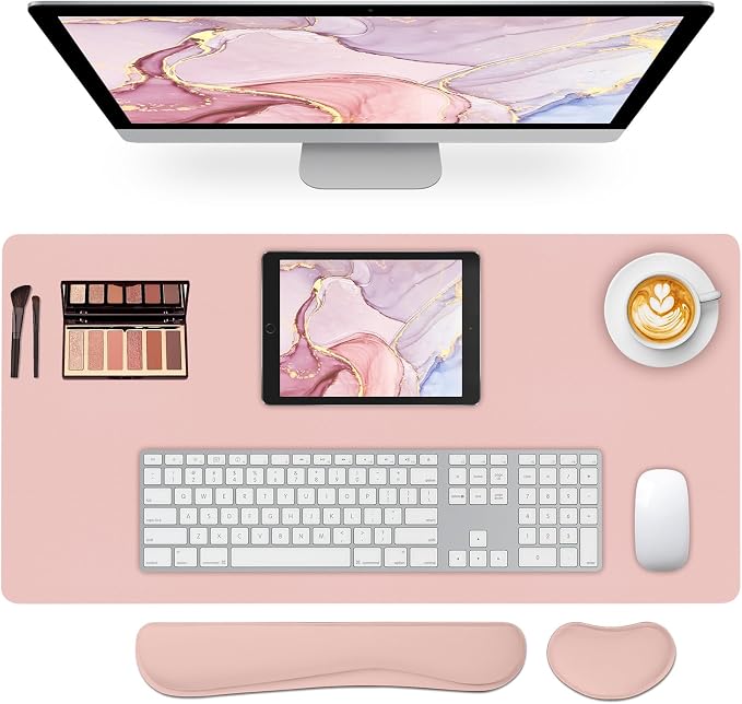 Desk Pad Mat Set,3-in-1 Large Mouse Pads with Wrist Rest and Keyboard Pad, Pink Desk Mats for Keyboards and Mouses, Ergonomic Keyboard and Mouse Mat Set for Office Home Decor, 31.5" x 15.7"