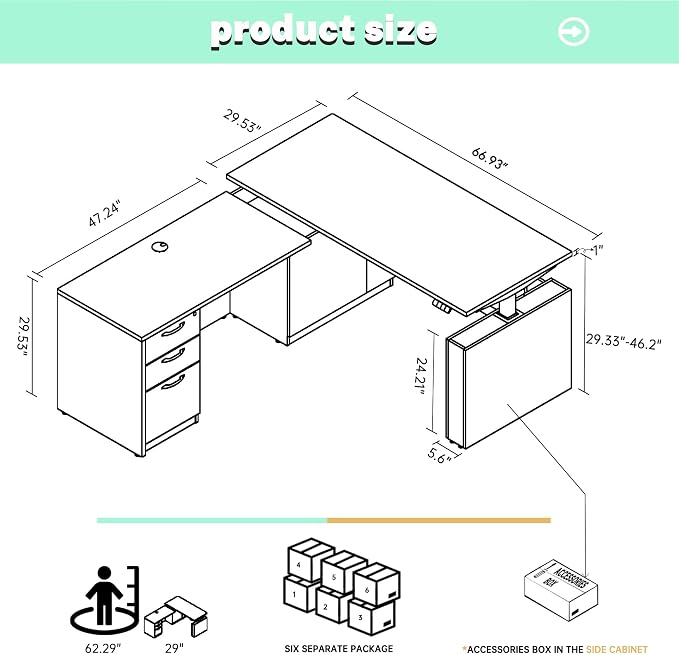 66.93'' L Shaped Executive Standing Desk with Pre-Assembled Frame & Lockable Cabinets, Height Adjustable Desk Dual-Motor Sit-Stand Workstation for Corporate & Home Office (Grey)