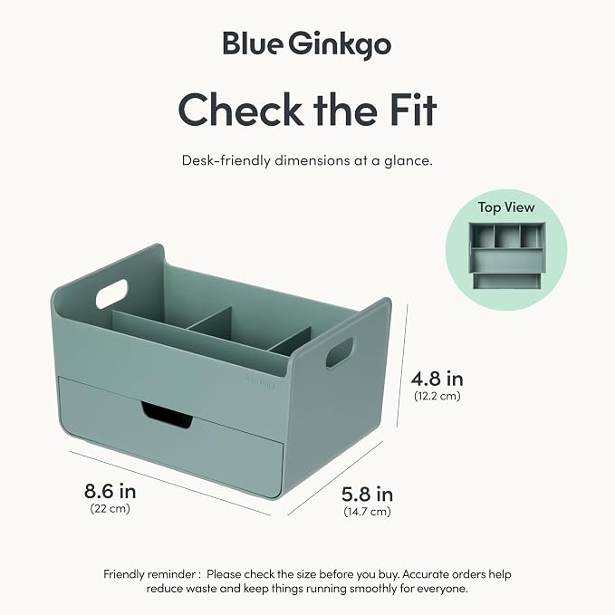 BLUE GINKGO Portable Desk Organizer, Green, Made in Korea | 3 Compartments. Half Drawer. Everyday Storage.