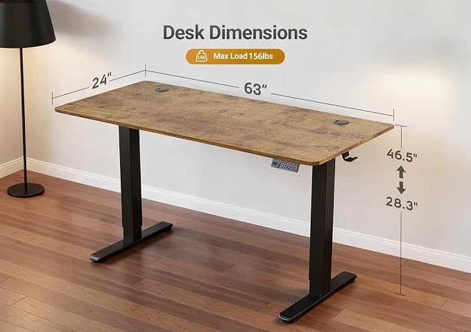 YDN Electric Standing Desk Adjustable Height, 63 x 24 Inches Stand up Desk with Cable Management, Home Office Desks with Splice Board & Black Frame, Rustic Brown Top
