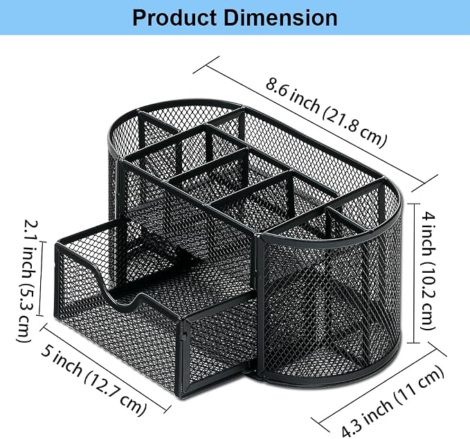Desk Organizer Stationery Storage, Pencil Holder for Desk, Wire Mesh Office Supplies Desk Accessories Workspace Organizers with 9 Compartments and Mini Drawer (Black)