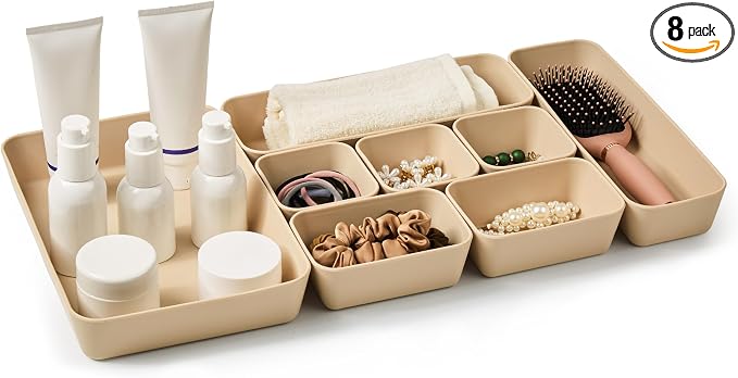ISSEVE 8Pcs Silicone Bathroom Drawer Organizer Trays Set, 4 Sizes, Beige | Nesting Organizer Trays, For Vanity, Desk, Nightstand, Makeup, Jewelry, Toiletries, and Office Small Items, Drawer Organizer