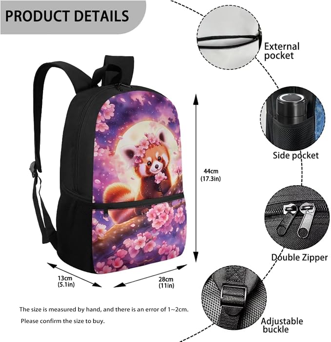 WELLFLYHOM Cherry Blossom Red Panda Backpack for School Kids Girls 4-7 4PCS | Moon Book Bag with Lunch Bag Pencil Case Waterbottle Sleeve Back to School Supplies