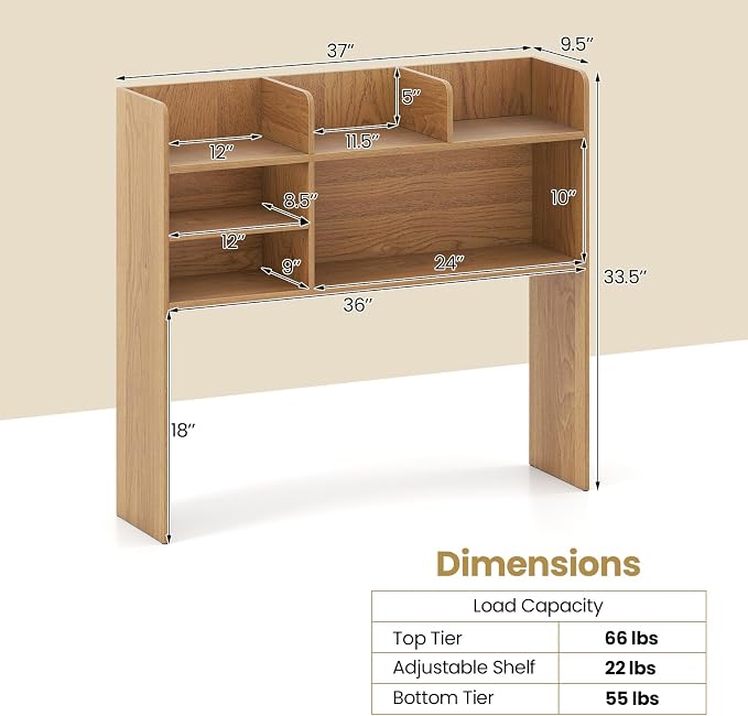 Tangkula Desktop Bookshelf for Computer Up to 32”, 37” Countertop Storage Hutch with 6 Storage Shelves, 3-Tier Desktop Organizer Display Rack, Wooden Desk Hutch for Dorm Home Office (Natural)