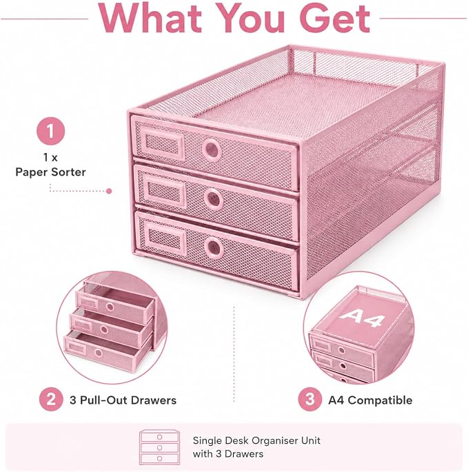 EXERZ Paper Sorter 3 Drawer Wire Mesh A4 / Desk Multifunctional Desk Organiser/Multi-Layer Letter Tray - for Documents, Magazines, Notebooks and Letter