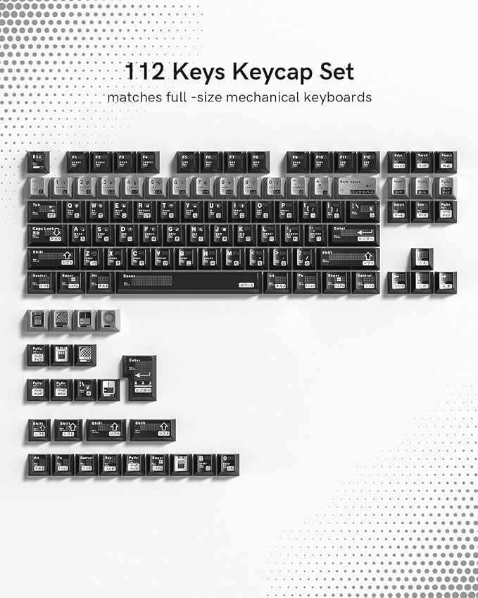 PBT Keycaps with Metal Paint, Janese Style 112-Key Black/Silver Custom Keycap Set dye Sublimation,Cherry Profile Key caps for 61/64/66/68/75/84/87 MX Switches Mechanical Keyboards
