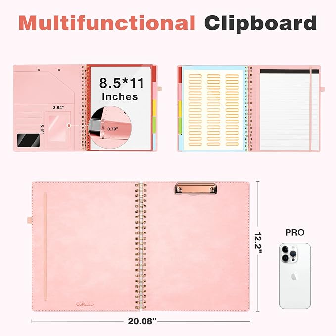 Clipboard with Storage for Men Women, Leather Padfolio Portfolio Organizer 5 Folders with 10 Pockets, Spiral Clipboard Folio with Notepad for Letter Size, Elastic Closure and Pen Loop Pink