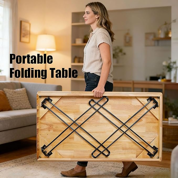 Folding Desk - 43 Inch Solid Oak Wood Small Folding Table with Sturdy Metal Legs and No Assembly Required - Space-Saving Portable Computer Workstation for Home Office Writing Reading