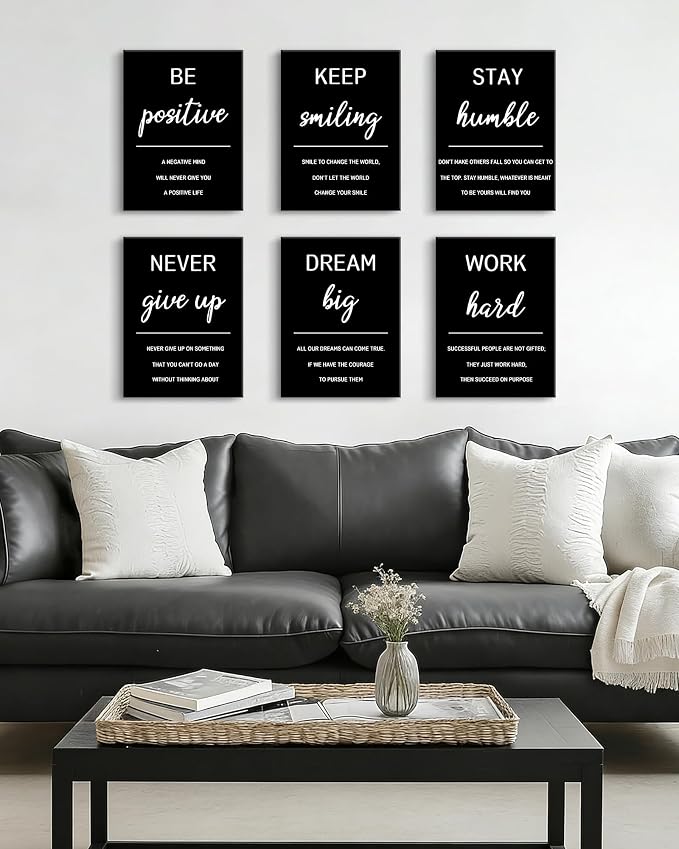 KUVIOKE Inspirational Framed Wall Art Motivational Quotes Wall Decor Encouraging Office Posters Positive Affirmations Sayings for Classroom Bedroom Living Room Ready to Hang Set of 6, 12x16in (Framed)