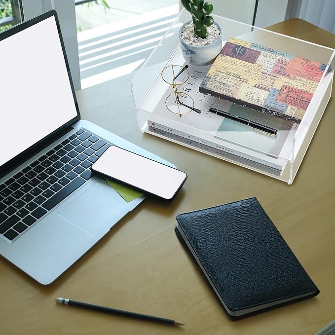 Yulejo 2 Pcs Stackable Acrylic Desk Organizers Paper Tray Storage Tier Accessories Paper File Office Organizer Tray Stackable Document Clear Desk Accessories for Office Workspace Organization