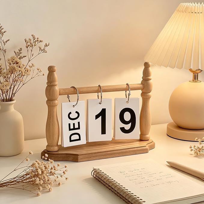 Wooden Perpetual Desk Calendar - Vintage Rustic Flip Calendar with Metal Rings & Reusable Daily Date Cards(Wooden)