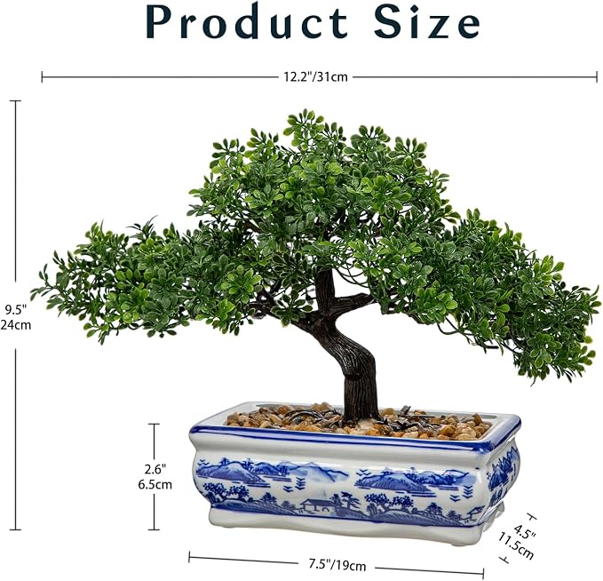 Artificial Bonsai Tree with Blue and White Porcelain Pot, Fake Pine Bonsai for Home Office Desk Decor, Oriental Zen Tabletop Decoration, Faux Bonsai Plant for Living Room, Shelf & Gift
