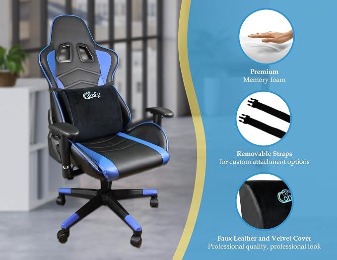 Premium AE Comfy Lumbar Support Pillow – Memory Foam Back Cushion for Office Chair, Car, or Gaming Chair – Ergonomic Lower Back Support for Pain Relief with Adjustable Removable Straps