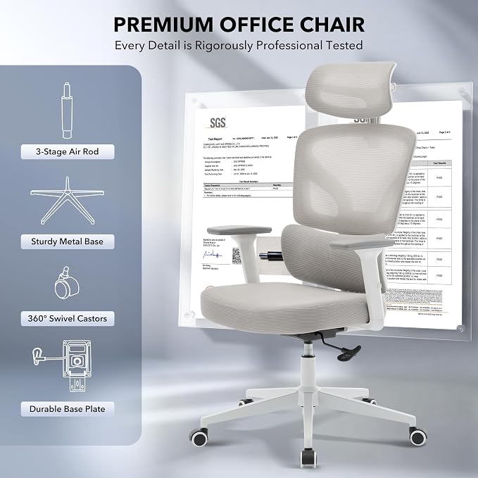 Office Chair Ergonomic Desk Chair - Home Mesh Office Desk Chair with Adjustable Lumbar Support, High-Back Computer Gaming Chair with Headrest 3D Armrests, Rolling Swivel Task Chairs for Home, Office