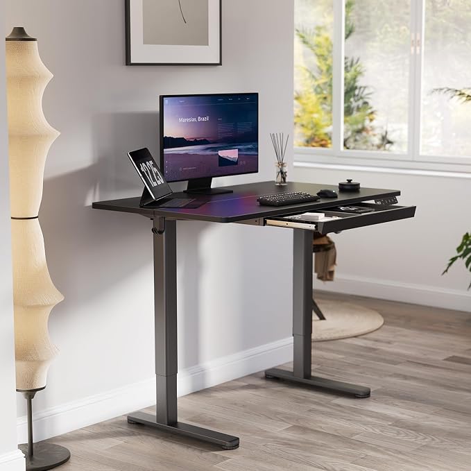 YDN Standing Desk with Drawer 48 x 24 Inch Electric Height Adjustable Black | Steel frame supports 176 lbs, 28.3 to 46.5 inch height range, 3 memory presets, quiet 45 dB motor, drawer holds 11 lbs