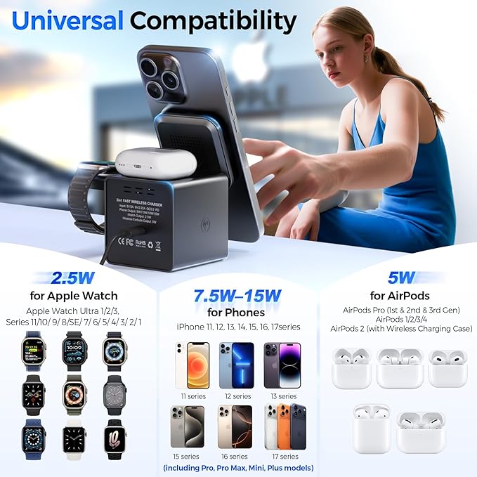 3 in 1 Charging Station for Apple, 15W Fast Magnetic Wireless Charger Station with Night Light, Travel Accessory Mag-Safe Stand for iPhone 17 16 15 14 13 12 - Apple Watch - AirPods(Adapter Included)