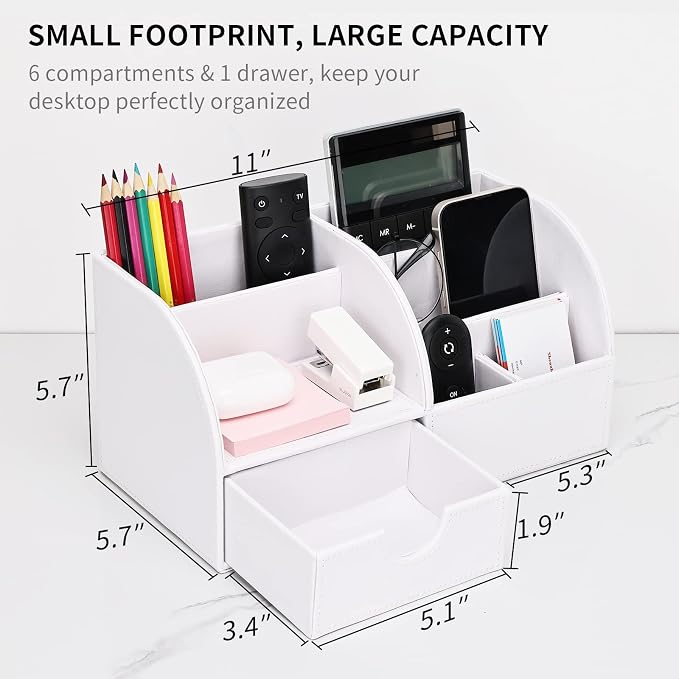 Pu Leather Desk Organizer Pen Pencil Holder Office Supplies Caddy Storage Box 6 Compartments with Drawer White (Full Pu Leather)
