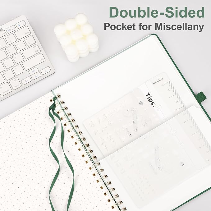 AHGXG Dotted Journal Spiral Notebook 8.5" x 11", Large A4 Leather Hardcover Dotted Notebook, 100 GSM Thick Dot Grid Paper, Inner Pocket, for Bullet Journaling, Green