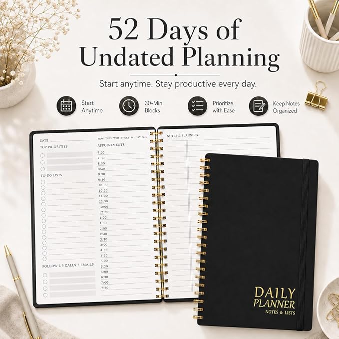 Daily Planner with Hourly Schedules - Undated To Do List Notebook for Work and Study, Spiral Bound, 5.5" x 8.5", Easily Manage Tasks and Appointments - Black