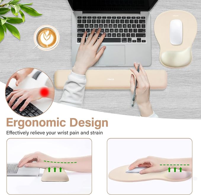MOSISO Wrist Rest Support for Mouse Pad&Keyboard Set, Ergonomic Mousepad&Coaster, Non-Slip Base Home/Office Rectangular Easy Typing Cushion Pad with Soft Cloth&Curved Concave Memory Foam, Khaki
