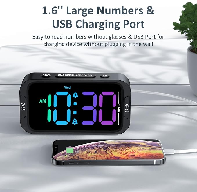 Odokee Digital Dual Alarm Clock for Bedroom with 0-100% Dimmable Display | RGB Electric Alarm Clock for Kids with Weekday/Weekend Mode - Loud Alarm for Heavy Sleepers with 5 Sounds Adjustable Volume